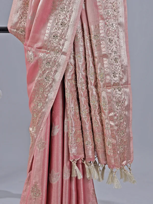 Pastel peach saree with cutdana and sequin detailing