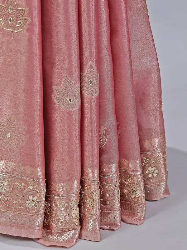 Pastel peach saree with cutdana and sequin detailing