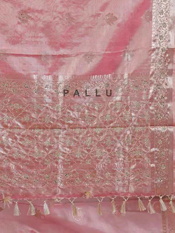 Pastel peach saree with cutdana and sequin detailing