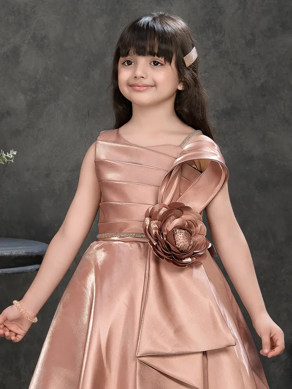 Pastel peach satin silk stone work designer gown