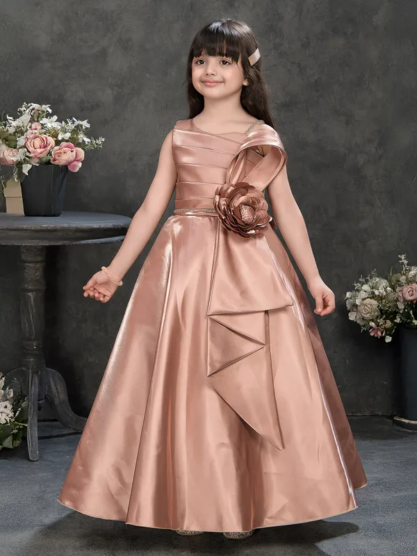 Pastel peach satin silk stone work designer gown