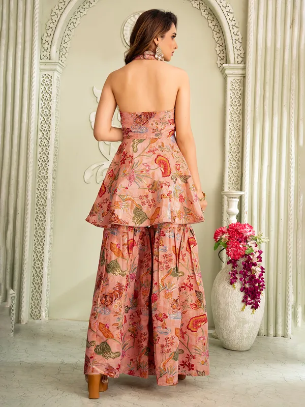Pastel peach silk sharara suit with designer print