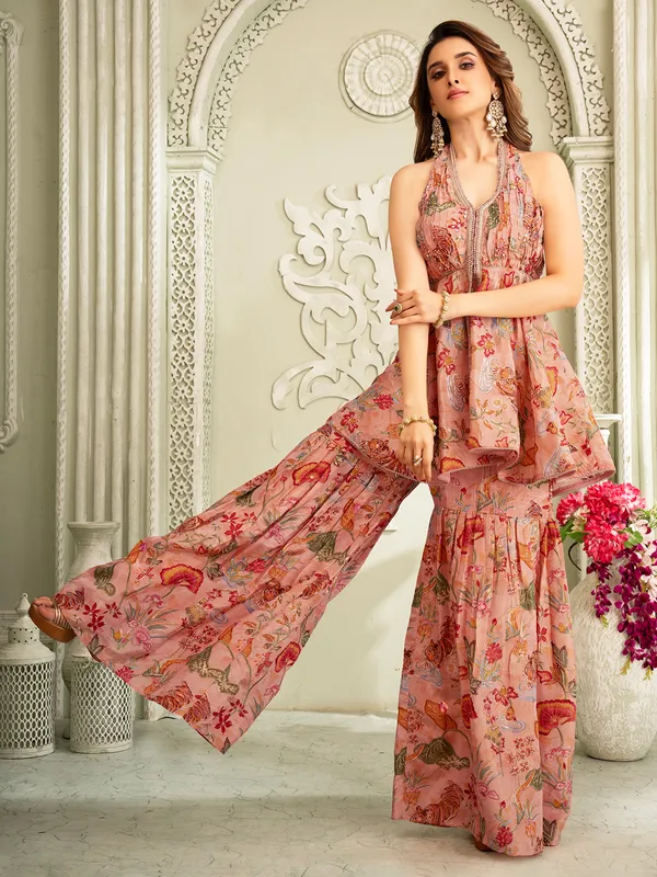 Pastel peach silk sharara suit with designer print