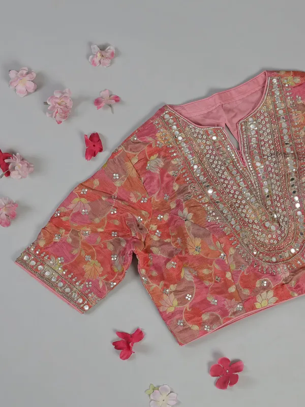 Pastel peach soft tissue saree with beaded elegance