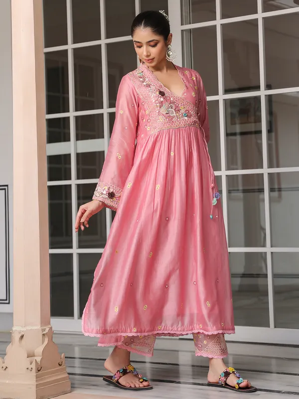 Pastel pink chanderi silk kurti set