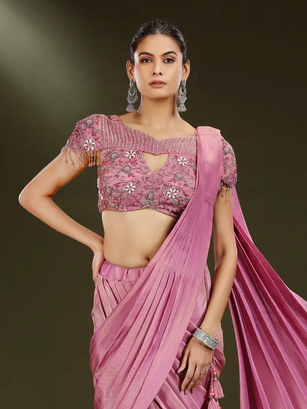 Pastel pink crepe silk designer party wear saree