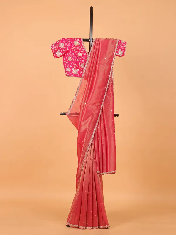 Pastel pink organza saree with ready made blouse