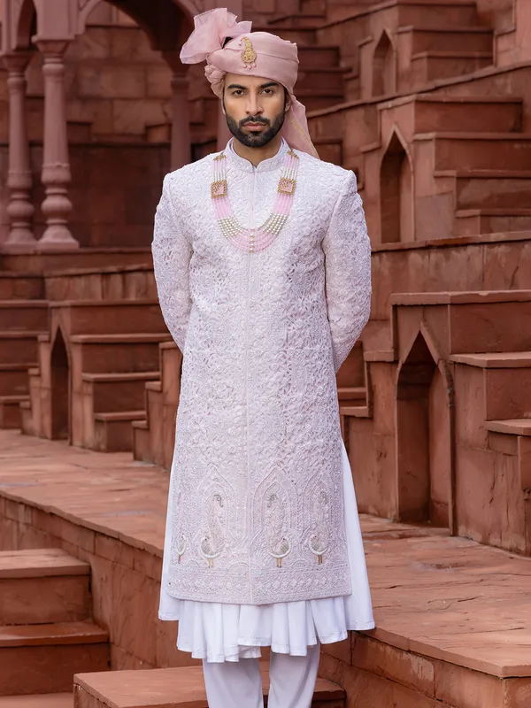 Pastel pink raw silk peshwai premium sherwani for wedding