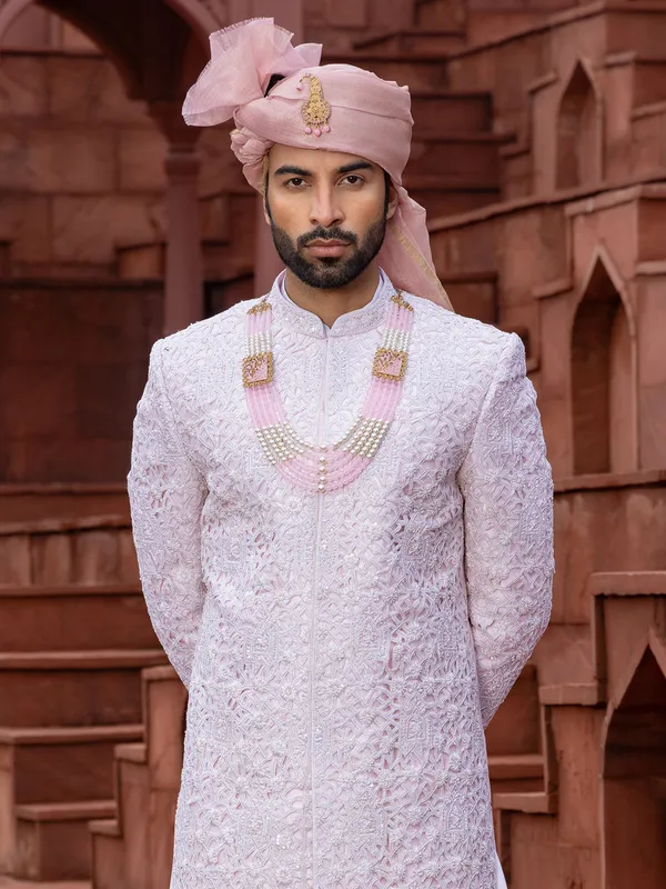 Pastel pink raw silk peshwai premium sherwani for wedding