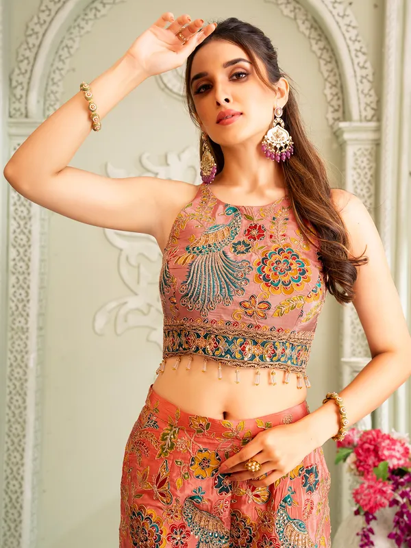 Pastel pink silk palazzo set with zardosi work