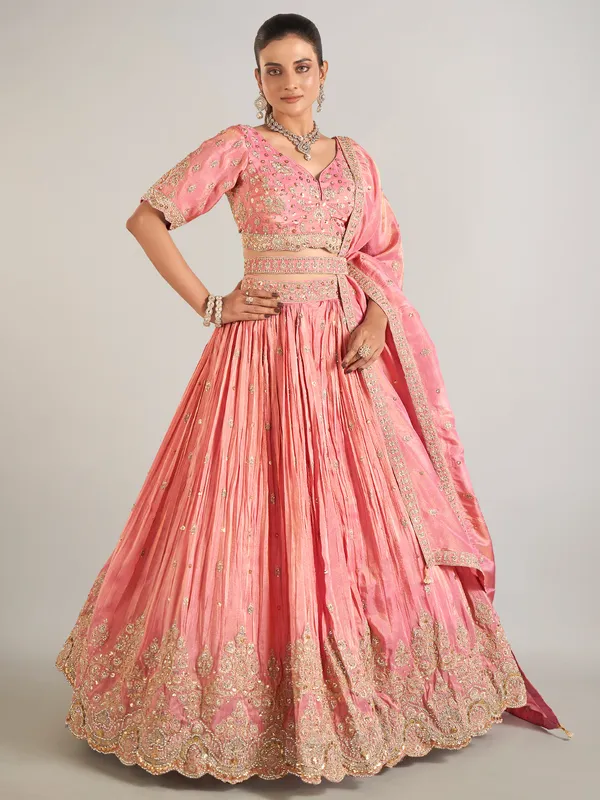 Pastel pink silk wedding wear lehenga choli