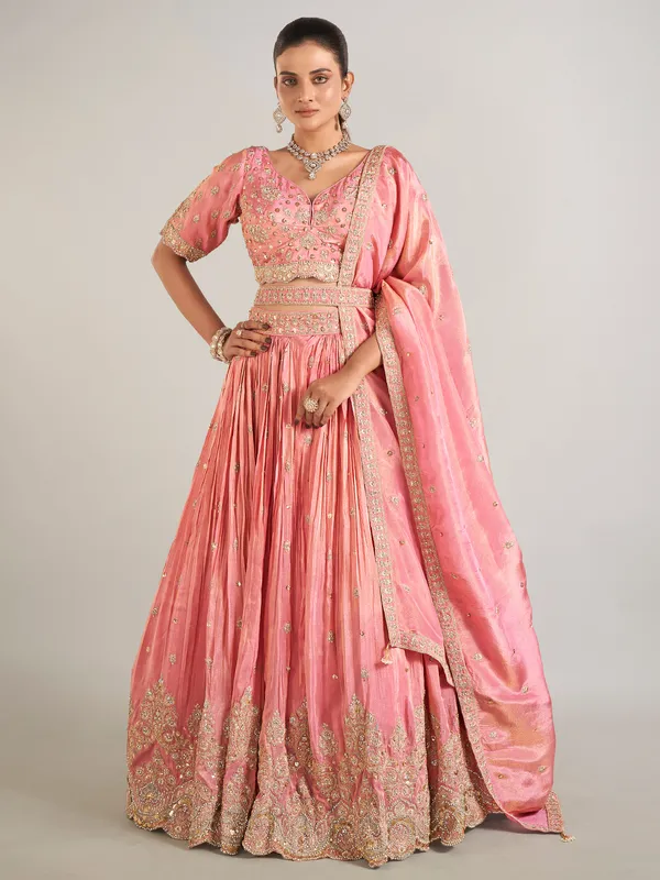 Pastel pink silk wedding wear lehenga choli