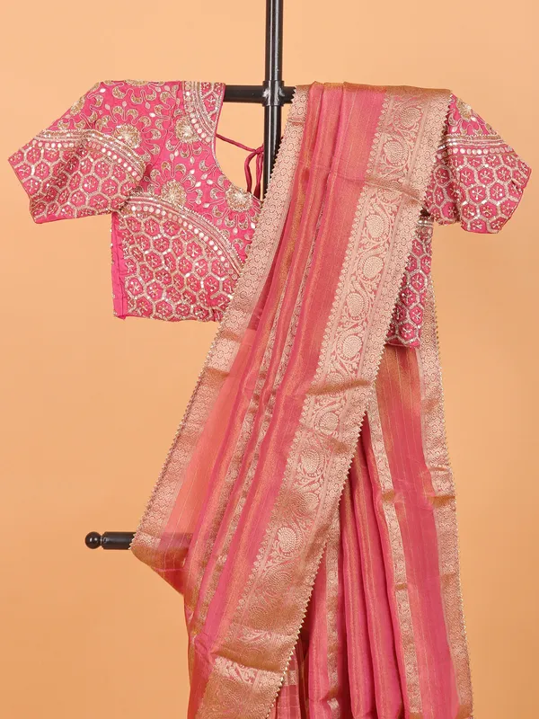 Pastel pink soft organza wedding wear saree