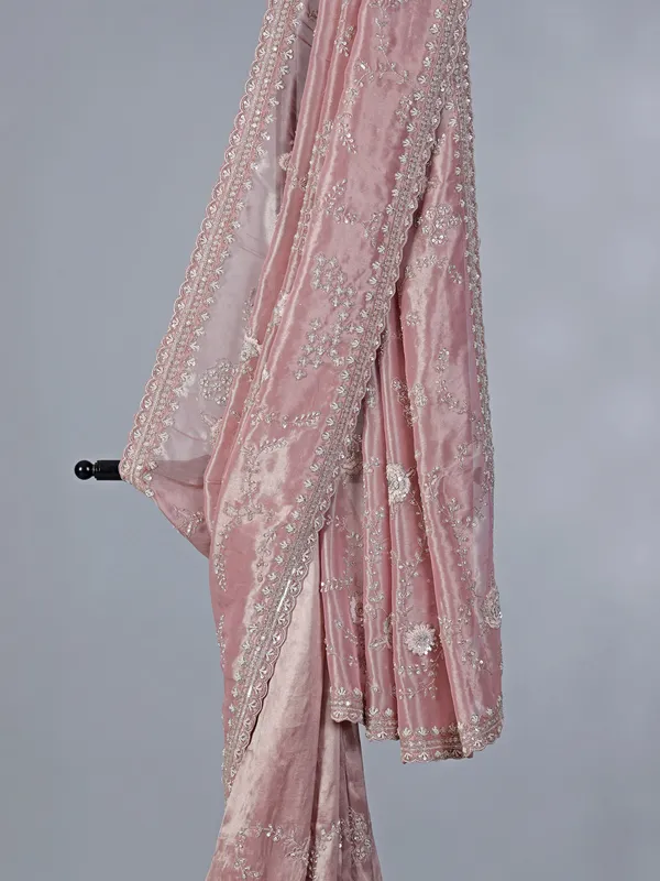 Pastel pink tissue silk saree with beads sccents