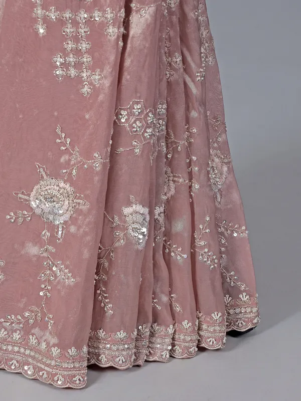Pastel pink tissue silk saree with beads sccents