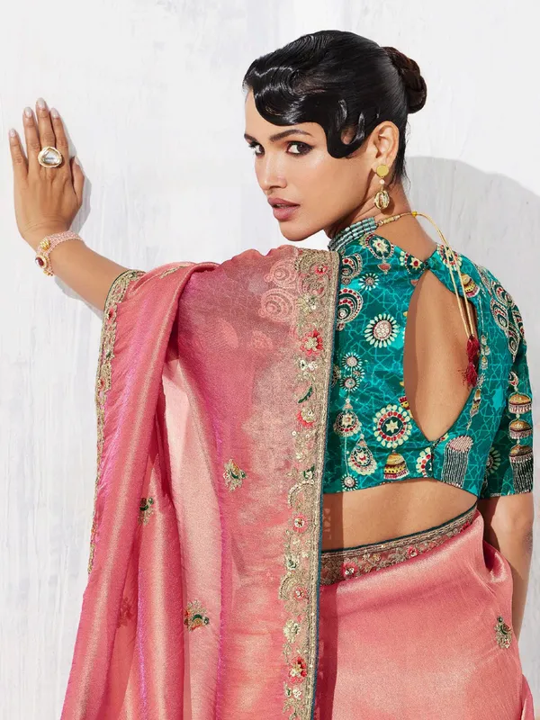 Pastel pink tissue silk saree with resham design