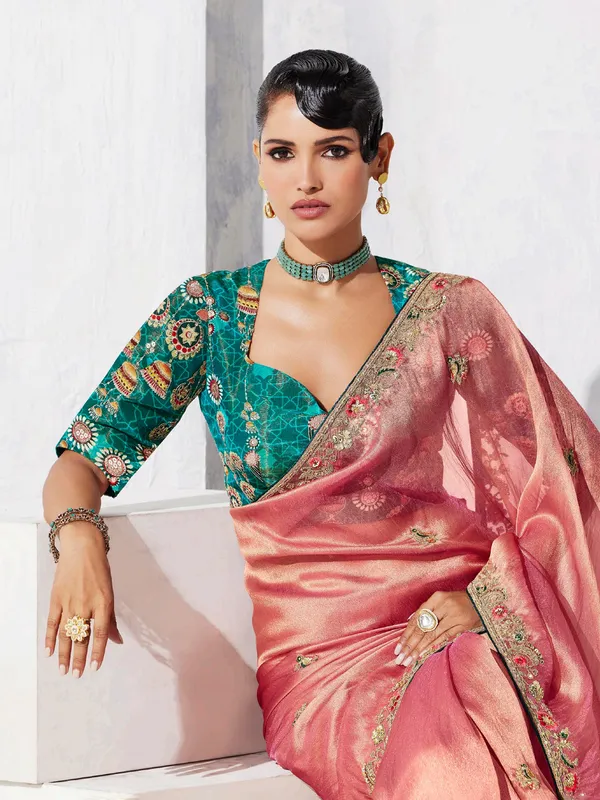 Pastel pink tissue silk saree with resham design