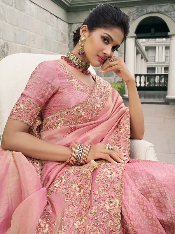 Pastel pink tissue silk saree with soft finish
