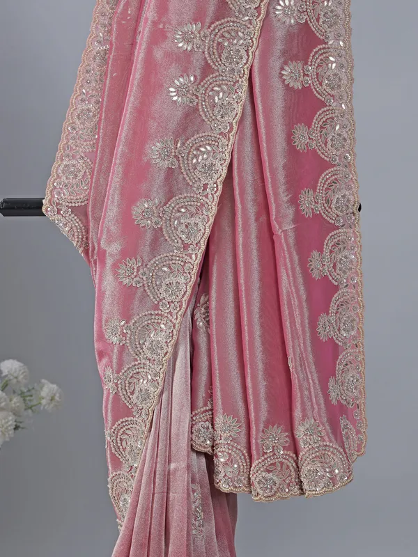 Pastel pink tissue silk wedding wear saree