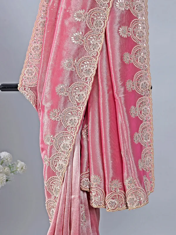 Pastel pink tissue silk wedding wear saree