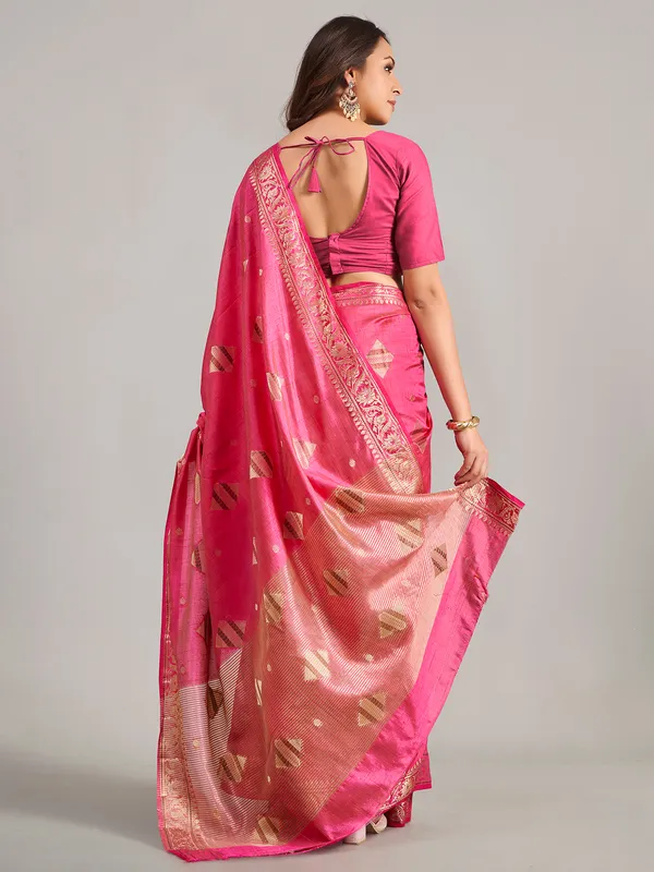 Pastel pink zari worked saree in semi silk