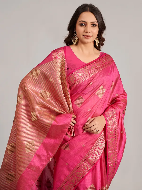 Pastel pink zari worked saree in semi silk