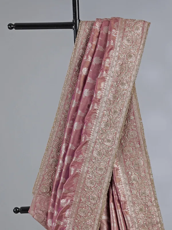 Pastel purple banarasi silk unstitched saree with pearl work