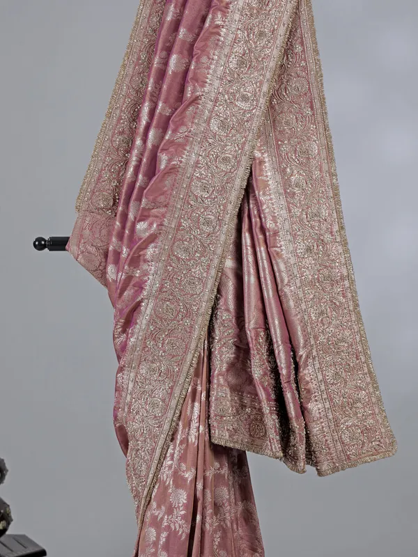 Pastel purple banarasi silk unstitched saree with pearl work