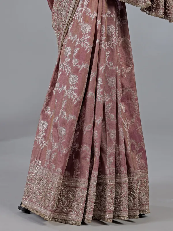 Pastel purple banarasi silk unstitched saree with pearl work