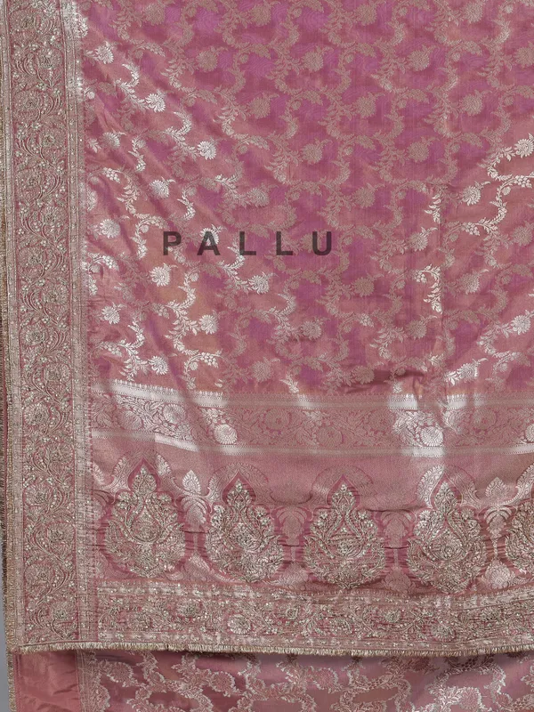 Pastel purple banarasi silk unstitched saree with pearl work