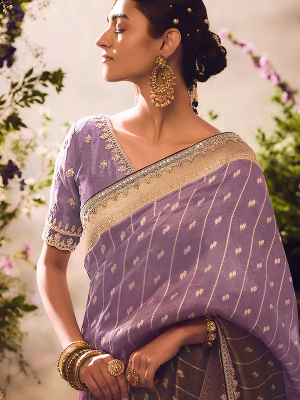 Pastel purple banarasi tissue saree with embellishments