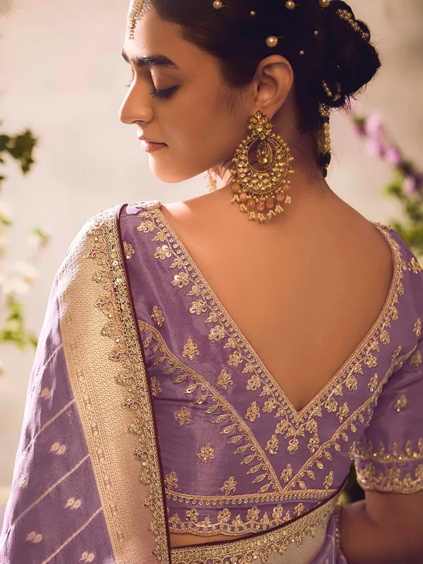 Pastel purple banarasi tissue saree with embellishments