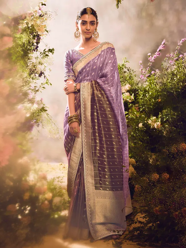 Pastel purple banarasi tissue saree with embellishments