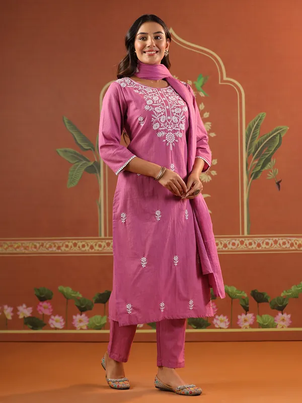 Pastel purple cotton festival wear kurti set