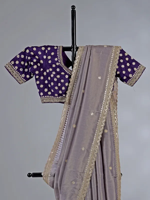Pastel purple dola silk saree with sparkle work