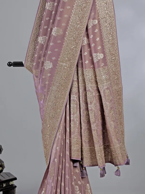 Pastel purple dola silk unstitched blouse piece saree