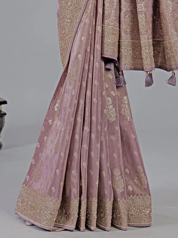Pastel purple dola silk unstitched blouse piece saree