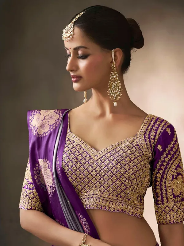 Pastel purple satin silk saree with graceful zari