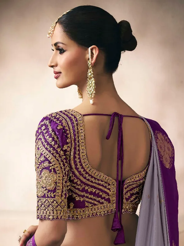 Pastel purple satin silk saree with graceful zari