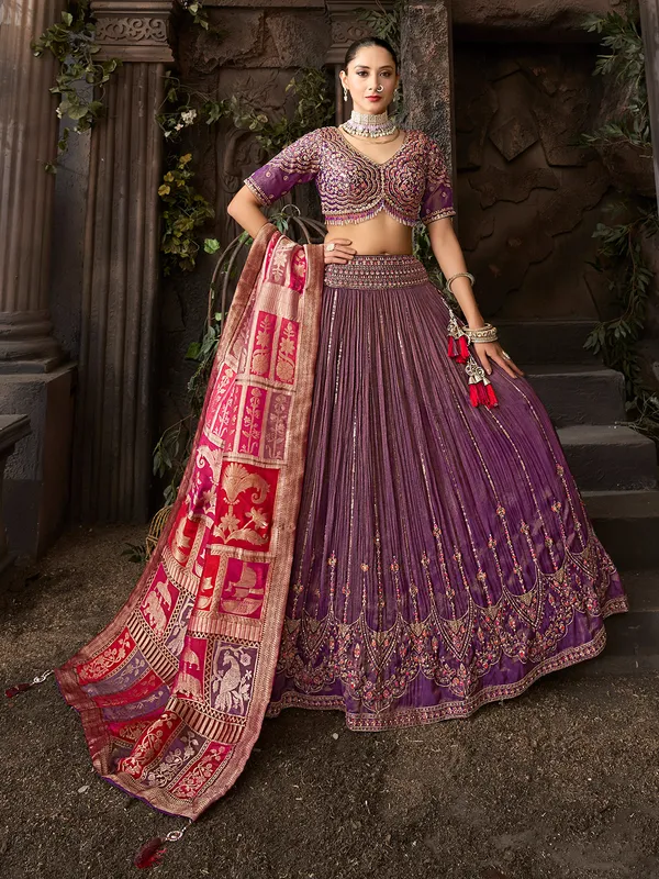 Pastel purple silk lehenga choli with v neck