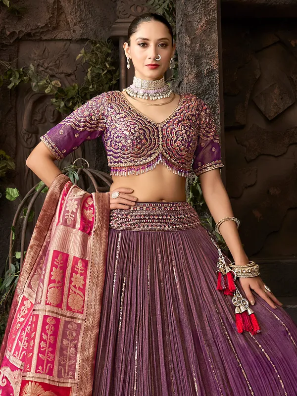 Pastel purple silk lehenga choli with v neck