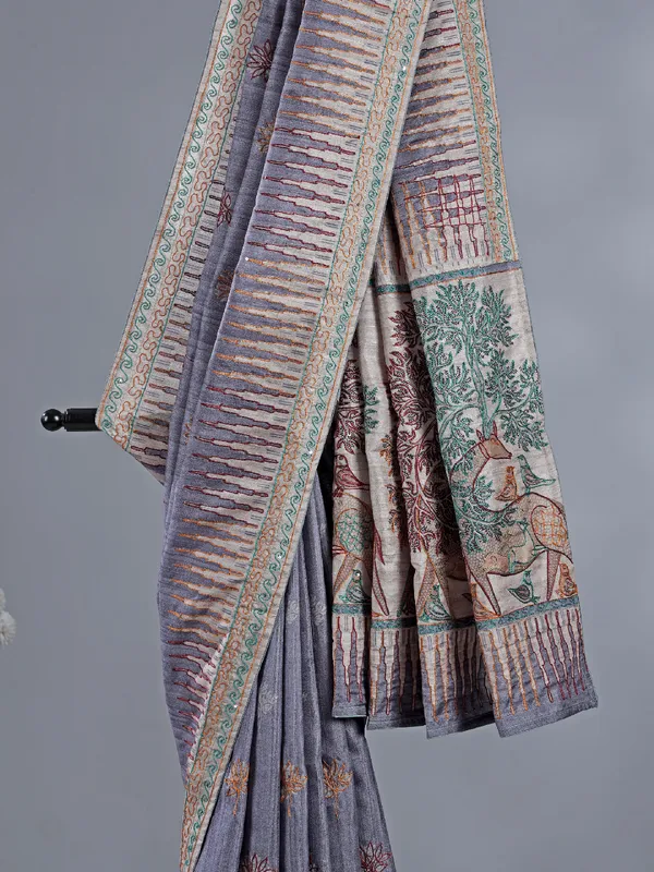Pastel purple silk saree with classic thread work