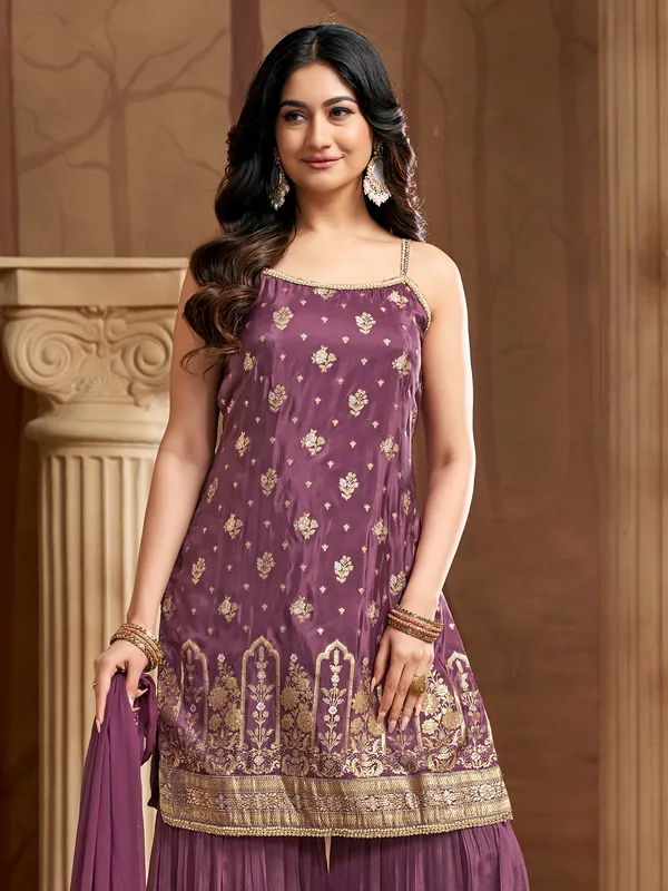 Pastel purple silk sharara suit for wedding wear