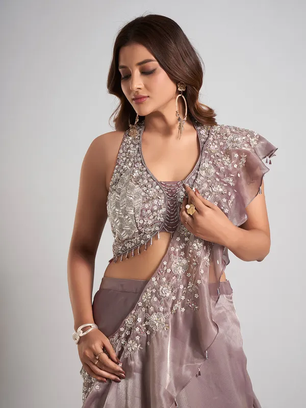 Pastel purple tissue silk lehenga choli with attetched dupatta