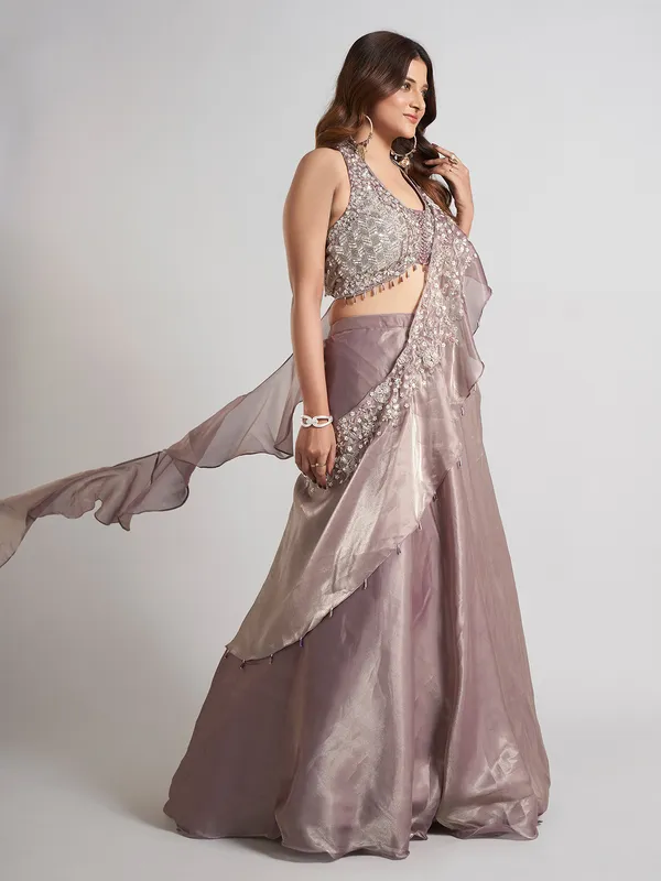 Pastel purple tissue silk lehenga choli with attetched dupatta