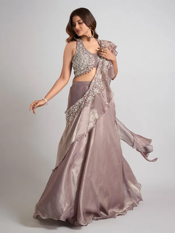 Pastel purple tissue silk lehenga choli with attetched dupatta