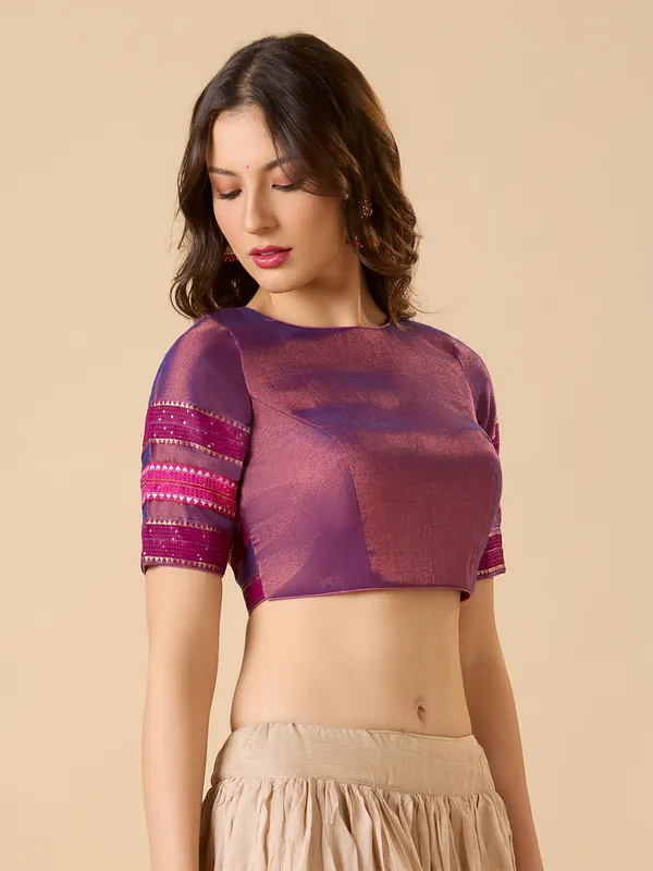 Pastel purple tissue silk ready made blouse with elbow sleeves