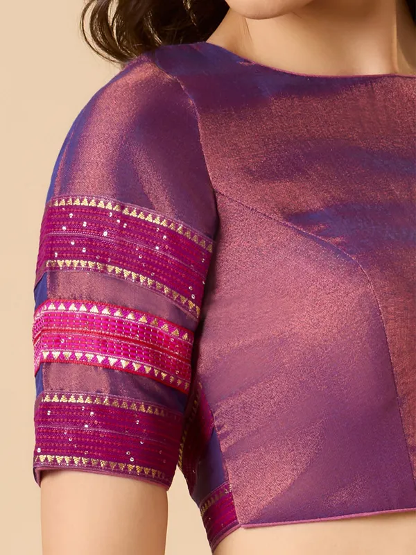 Pastel purple tissue silk ready made blouse with elbow sleeves