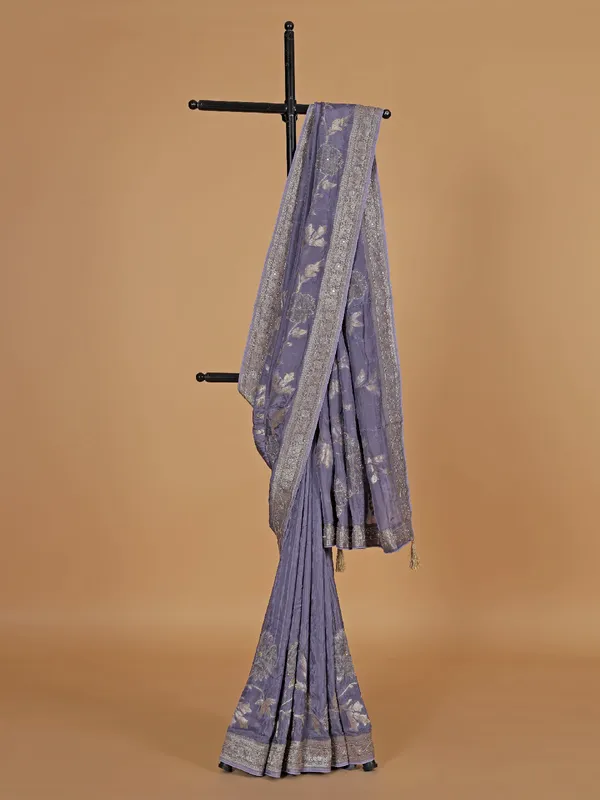 Pastel purple zari worked wedding dola silk saree