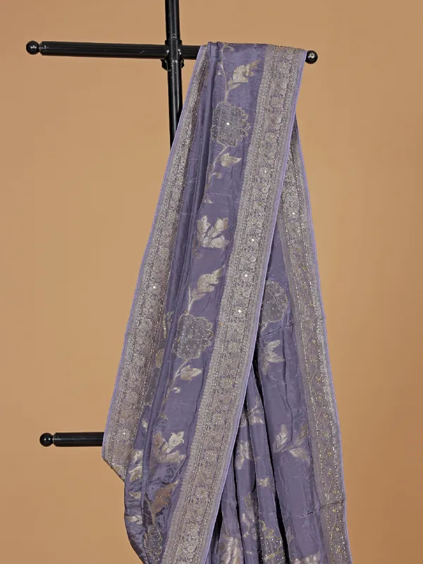 Pastel purple zari worked wedding dola silk saree